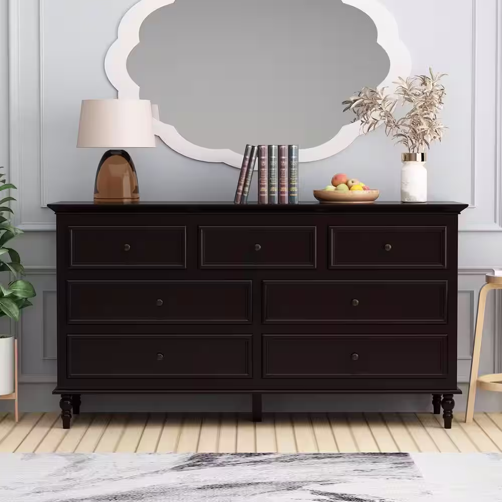 None 7-Drawer Brown Dresser Vanity Table Cupboard 29.6 in. H x 55.2 in. W x 15.7 in. D