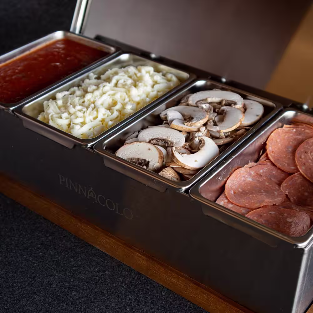 PINNACOLO CONDIMENT/PIZZA TOPPINGS STATION WITH LIDS AND GEL PACKS for Outdoor Pizza Ovens and Specialty Grilling Utensils