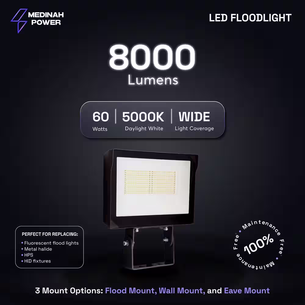 MEDINAH POWER 250-Watt Equivalent Integrated LED Outdoor Bronze Flood Light, 8000 Lumens, 5000K Daylight, Dusk-to-Dawn