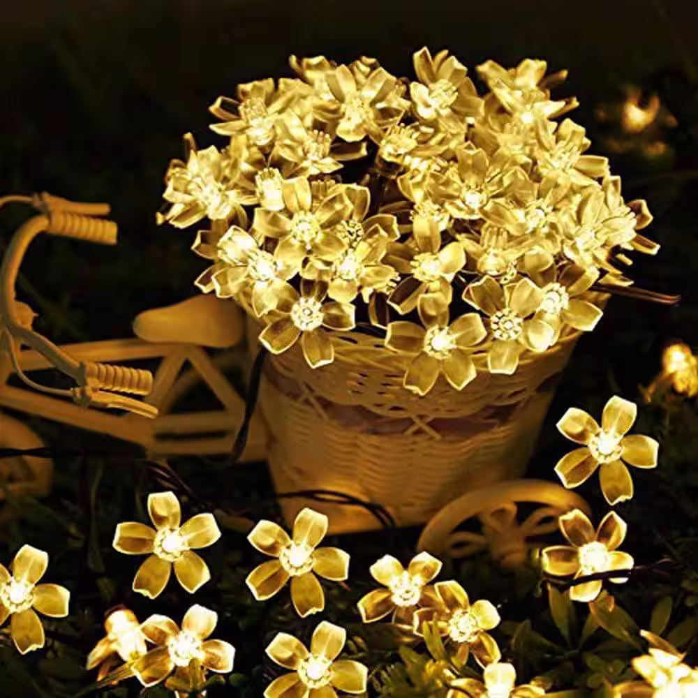 None Outdoor 22 ft. Solar Sakura Flower Mini Bulb 50 LED String Light , Warm