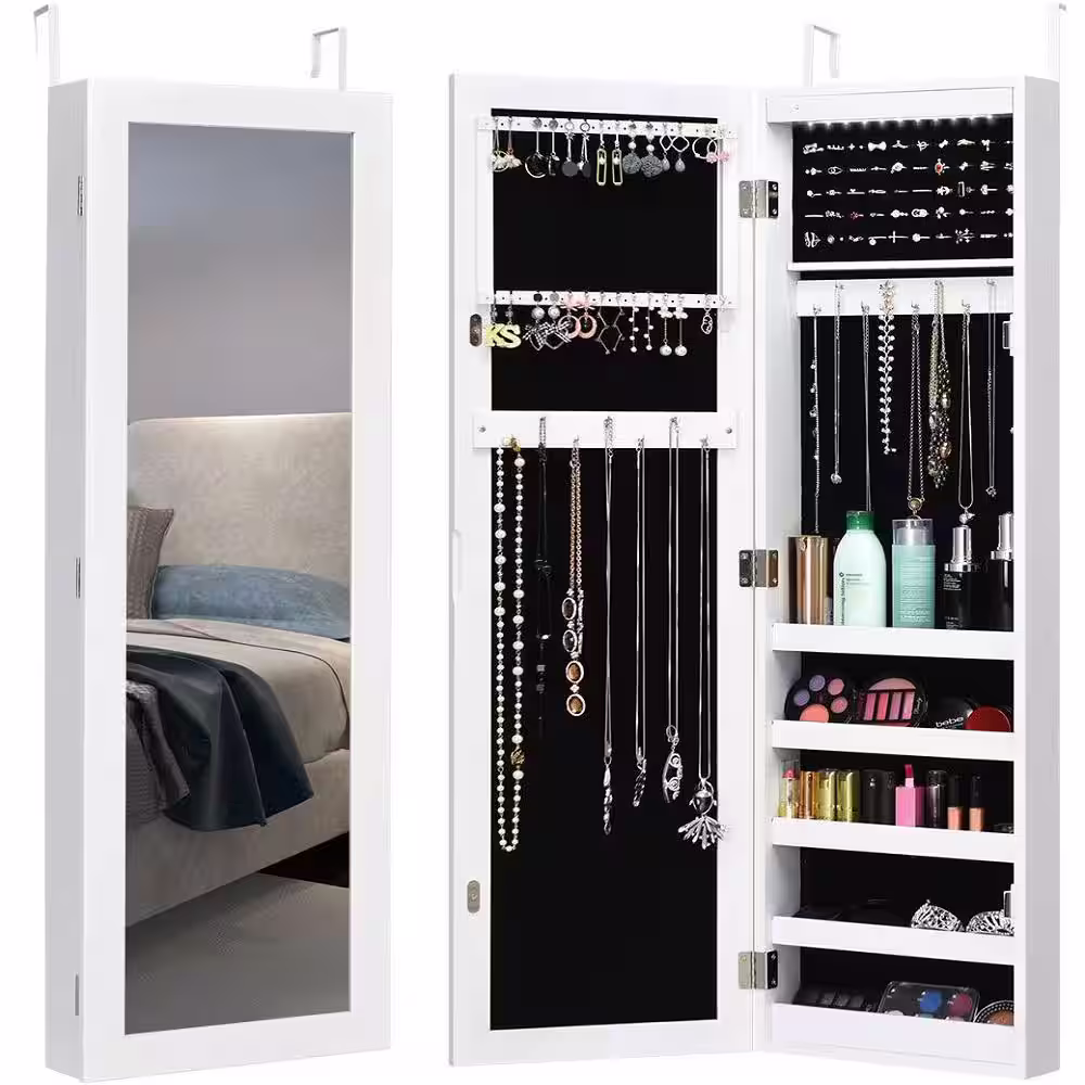 Costway Wall Door Mounted Mirrored Jewelry Cabinet Organizer Storage LED Light White
