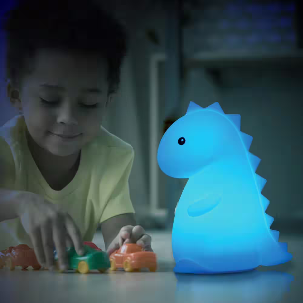 Globe Electric 1-Watt Tommy Giggle Dinosaur Multi-Color Changing Rechargeable Silicone LED Night Light Lamp, White