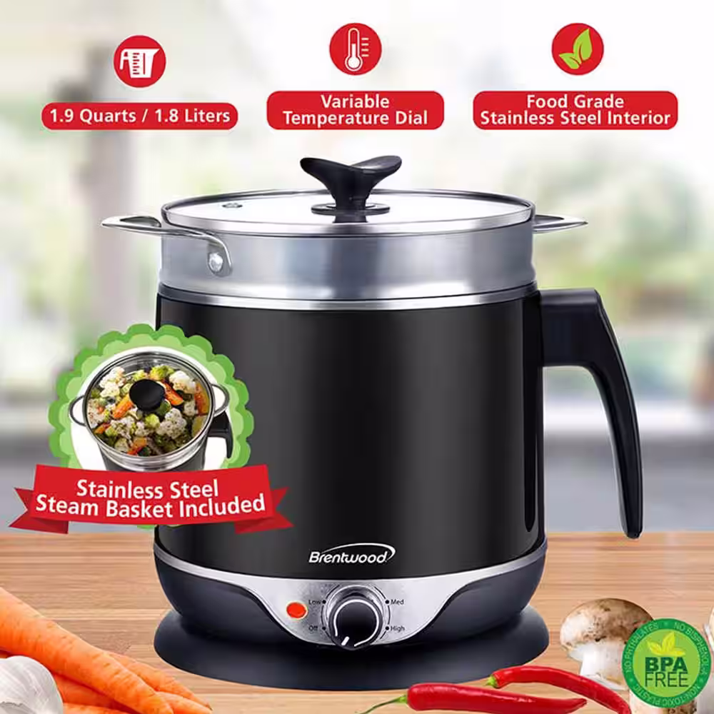 Brentwood Stainless Steel 1.9 qt. Cordless Electric Hot Pot Cooker and Food Steamer in Black
