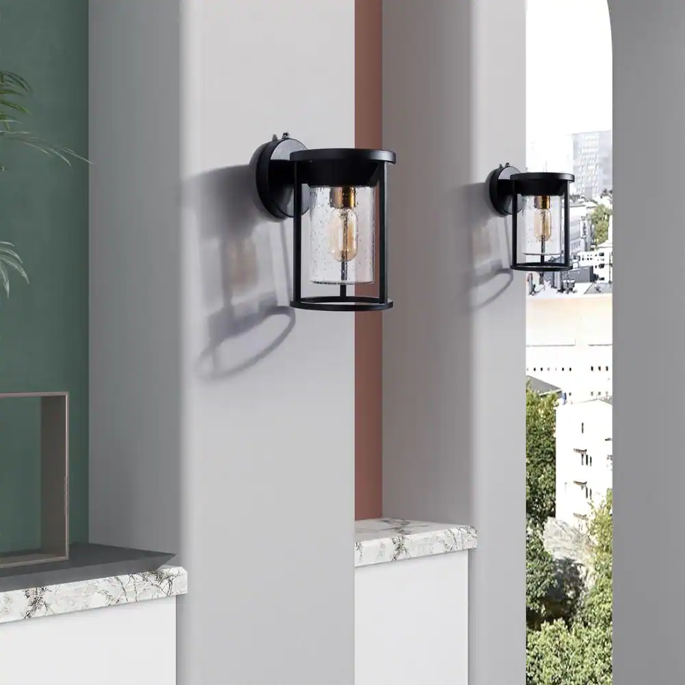 Maxax Hawaii 11.02 in. H Black Seeded Glass Hardwired Outdoor Wall Lantern Sconce with Dusk to Dawn (Set of 2)