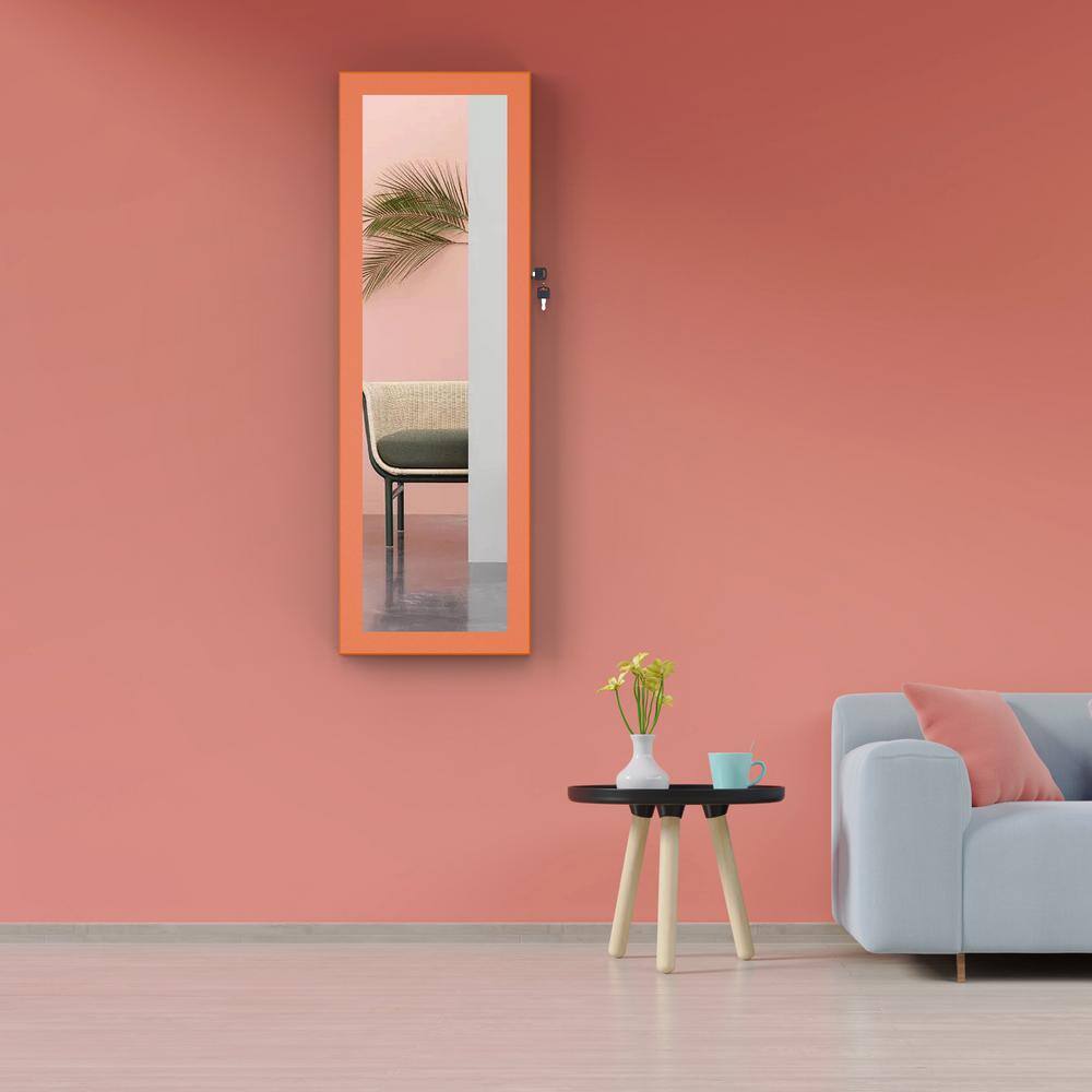 None Orange Simple Jewelry Storage Mirror Cabinet With LED Lights Can Be Hung On The Door Or Wall