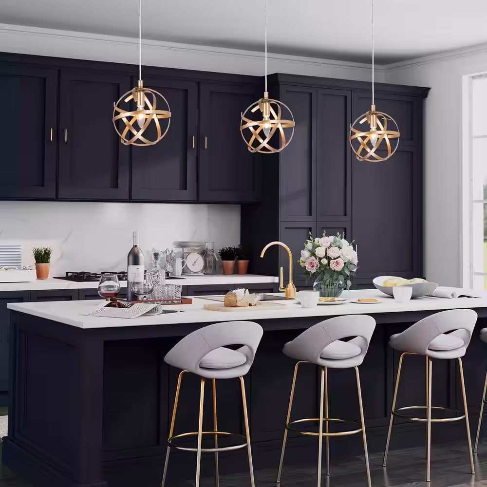 Uolfin Modern Brass Gold Globe Pendant Light, Mini 1-light Cage Island Chandelier Pendant Light