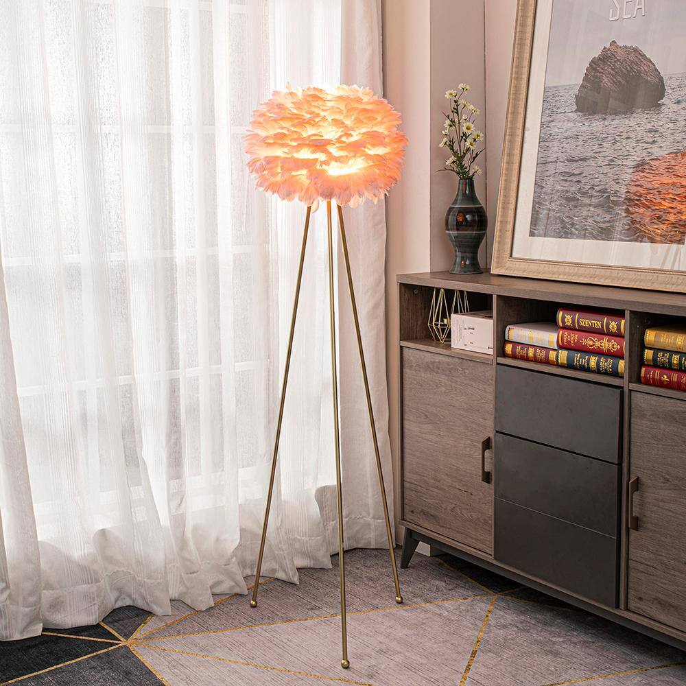 Maxax Columbus 60 in. Pink/Gold Tripod Floor Lamp With Feather