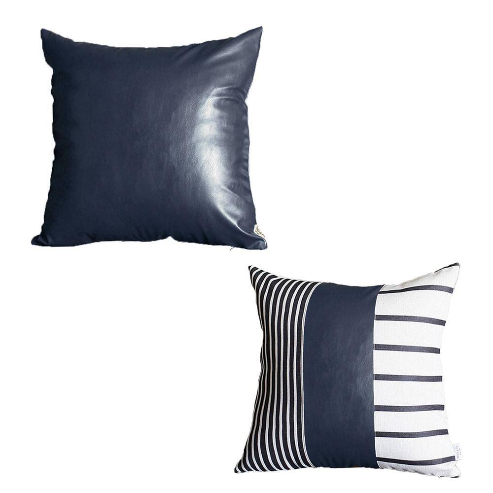 None Boho Handcrafted Vegan Faux Leather Navy Blue Mixed Abstract Geometric Throw Pillow Cover (Set of 2)