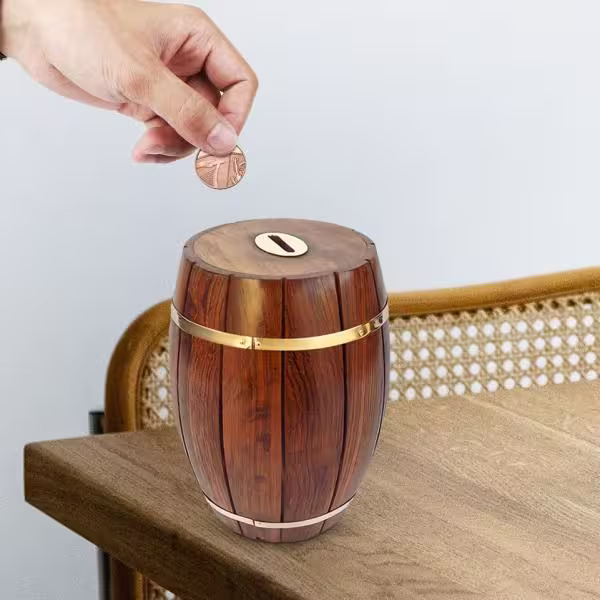 Vintiquewise Brown Large Wine Barrel Shaped Wooden Decorative Coin Bank Money Saving Box