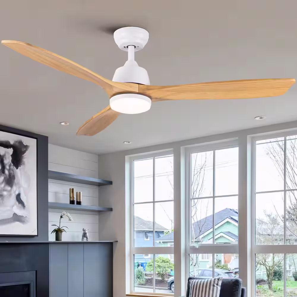 None Modern 52 in. Indoor/Outdoor Integrated White Solid Wood Ceiling Fan with Light, Remote and 3 Yellow Wood Grain Blades