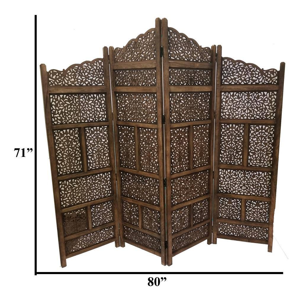 Benzara Brown Hand Carved Foldable 4-Panel Wooden Partition Room Divider