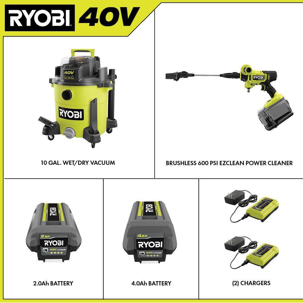 RYOBI 40V 10 Gal. Cordless Wet/Dry Vacuum with 40V HP Brushless EZClean 600 PSI Power Cleaner, (2) Batteries, and (2) Chargers