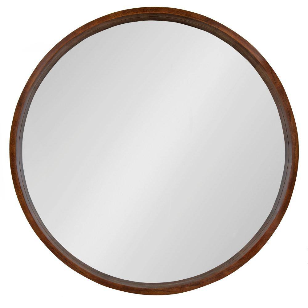 Kate and Laurel Hutton 36 in. x 36 in. Mid-Century Round Framed Decorative Mirror Modern Walnut Brown Wood