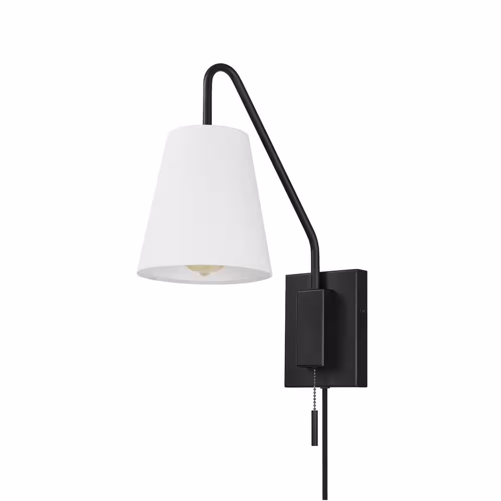 Globe Electric 6.5 in. 1-Light Matte Black Swing Arm Plug-In or Hardwire Wall Sconce with White Fabric Shade