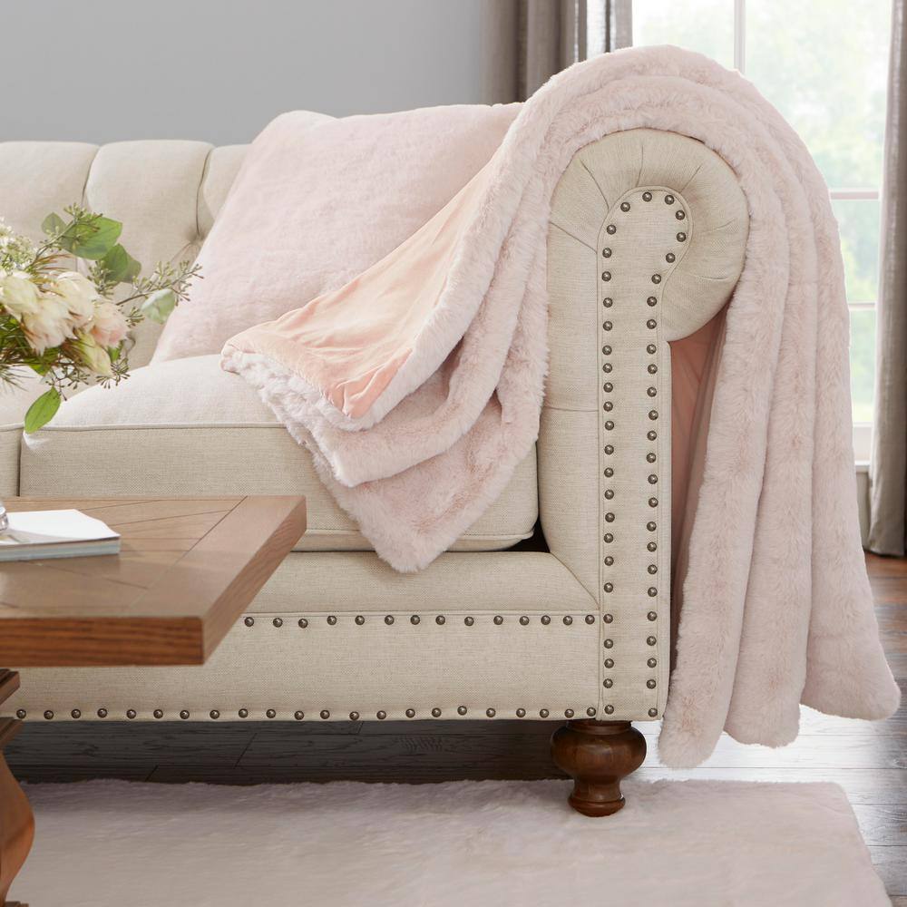 Home Decorators Collection Piper Blush Pink Faux Rabbit Fur Square 20 in. x 20 in. Throw Pillow