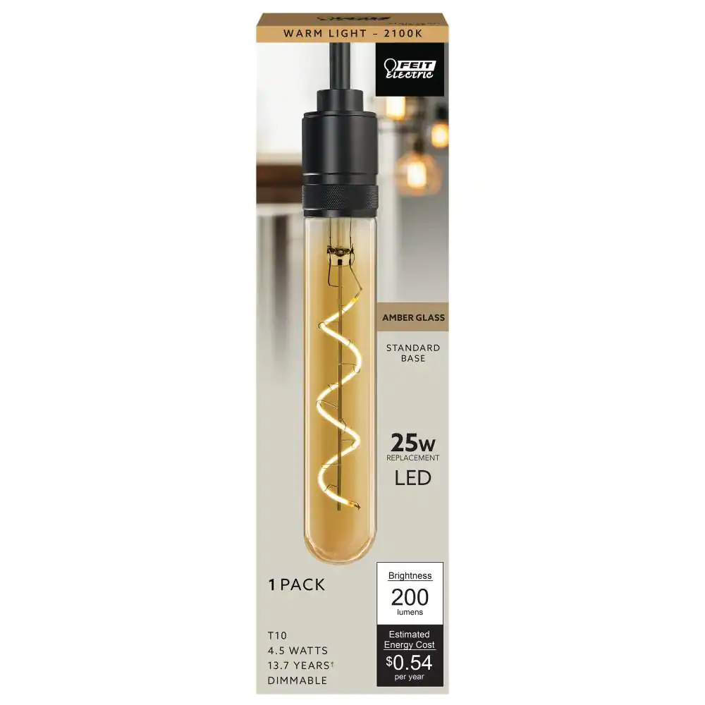 Feit Electric 25-Watt Equivalent T10 Dimmable Spiral Filament Large Amber Glass E26 Vintage Edison LED Light Bulb, Warm White