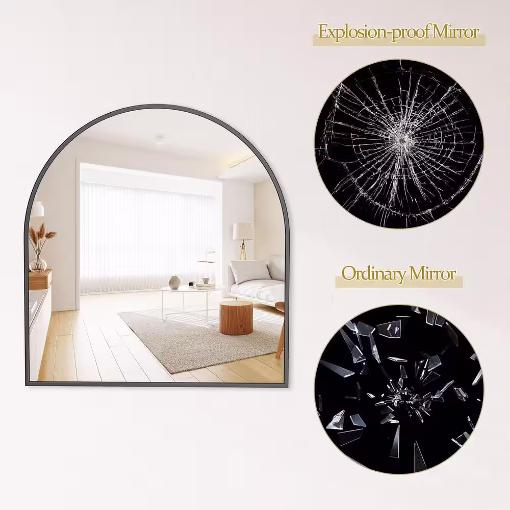 XRAMFY 31.5 in. W x 33.5 in. H Arched Black Modern Aluminum Alloy Framed Wall Mirror