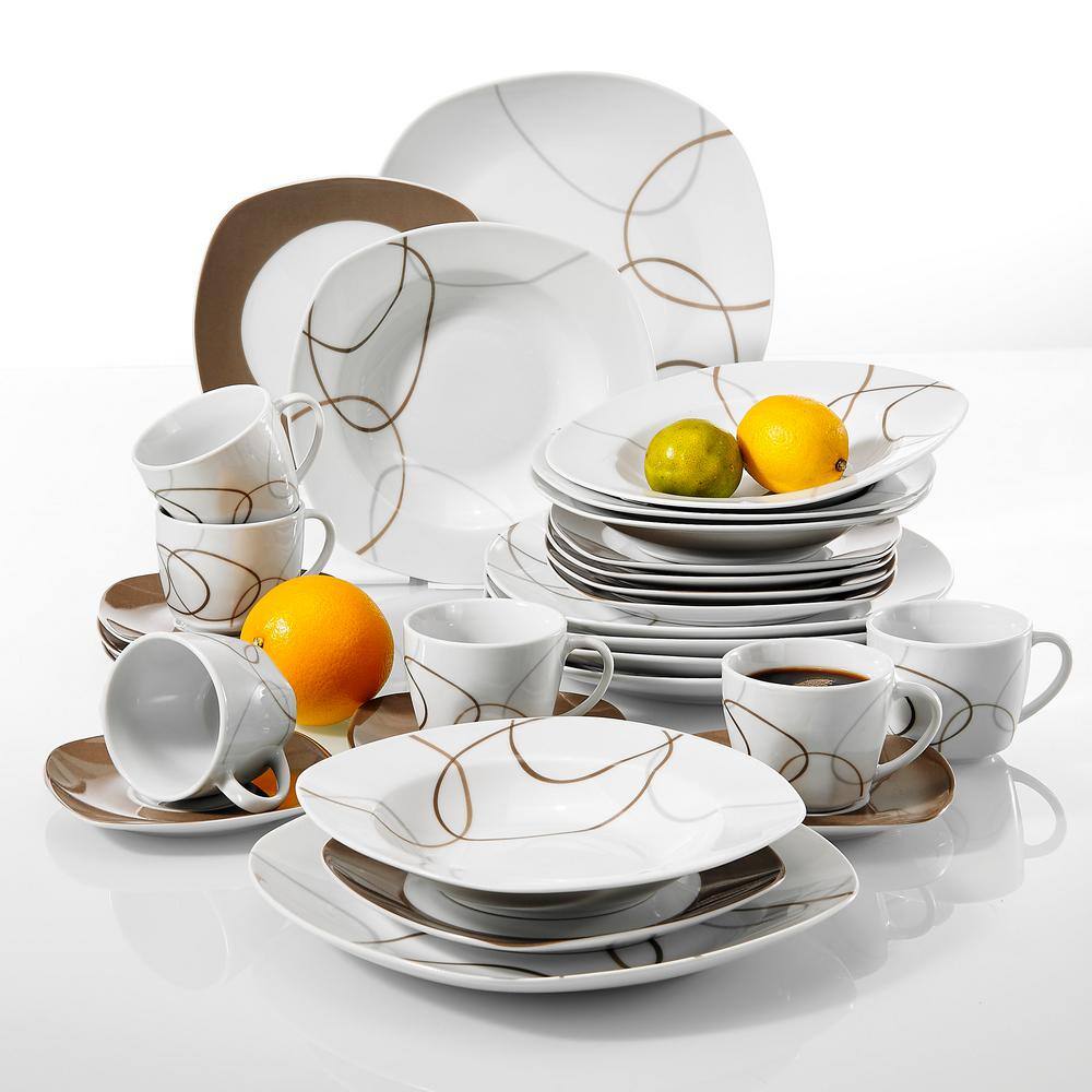 VEWEET Nikita 30-Piece Ivory White with Brown Porcela in Dinnerware Set (Service for 6)