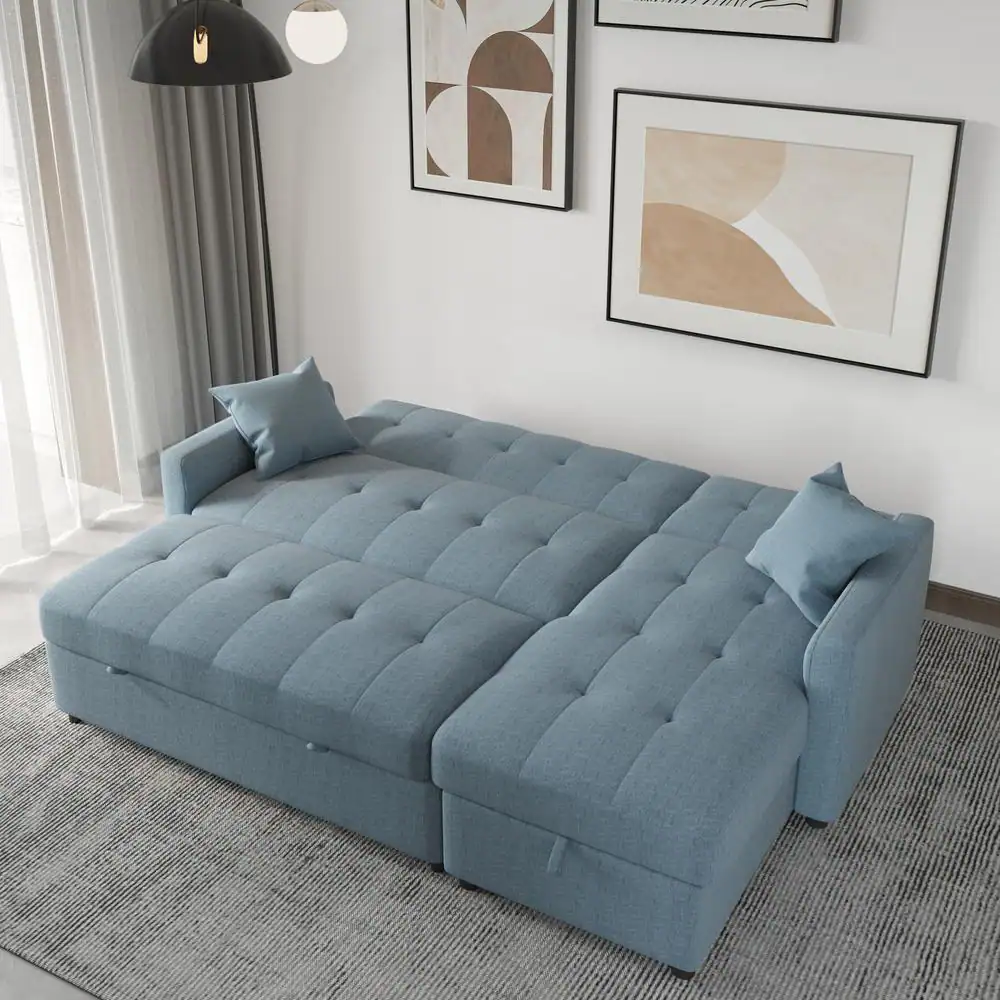 J&E Home 81.9 in. W Blue Cotton Queen Size 4-Seats Reversible Pull out Sleeper Sectional Storage Sofa Bed