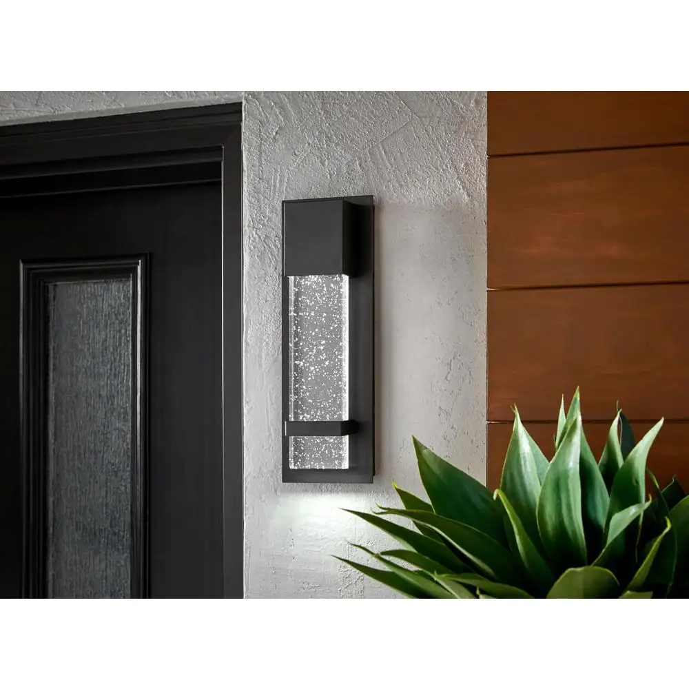 Home Decorators Collection 1-Light Black Integrated LED Outdoor Wall Lantern Sconce Light with Seeded Glass