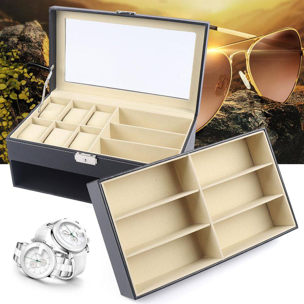 None Black Leather 6-Watch and 9-Piece Eyeglasses Storage Display Box