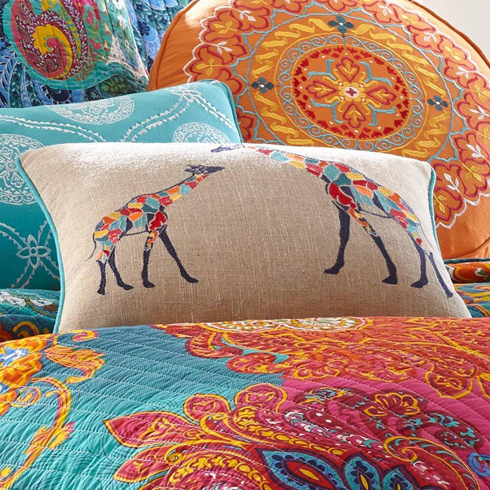 LEVTEX HOME Mackenzie Burlap, Multicolored Giraffes Embroidered with Trim 14 in. x 18 in. Throw Pillow