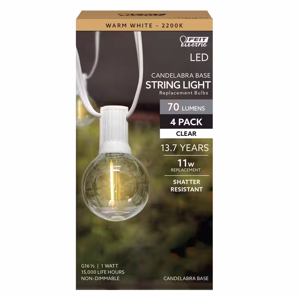 Feit Electric 11-Watt Equivalent G16.5 E12 String Light LED Light Bulb, Warm White 2200K (4-Pack)