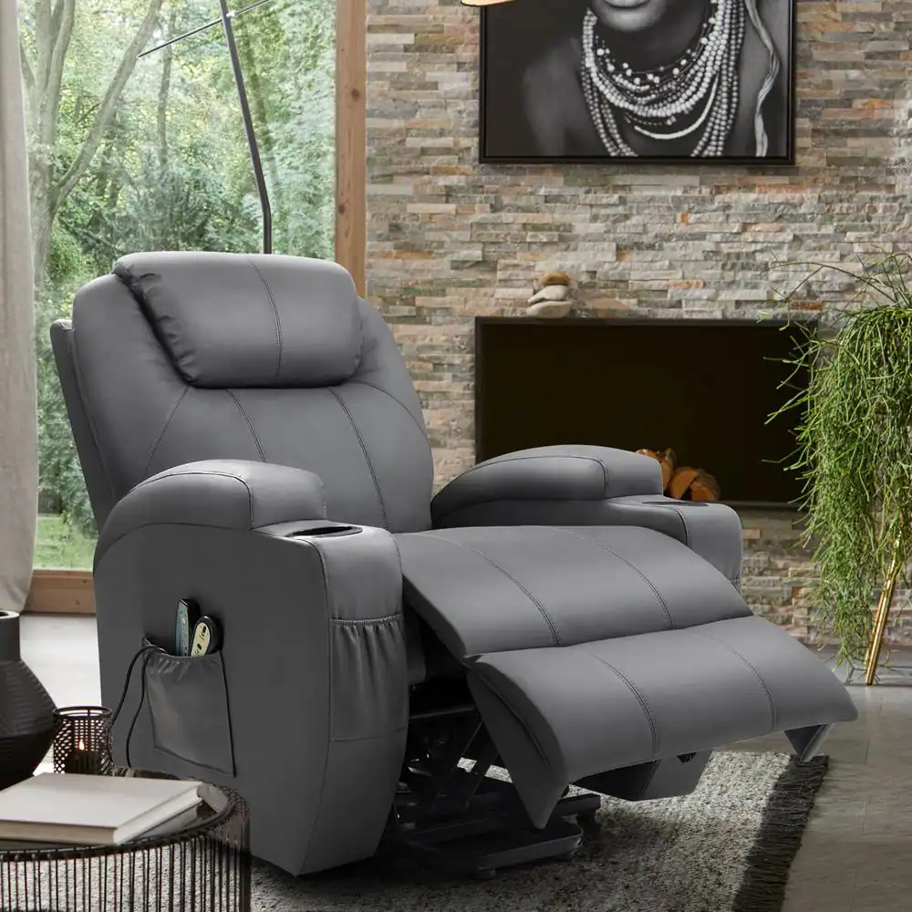 LACOO Big and Tall Gray Power Lift Recliner Chair for Elderly with Massage and Heat, Side Pockets and Cup Holders
