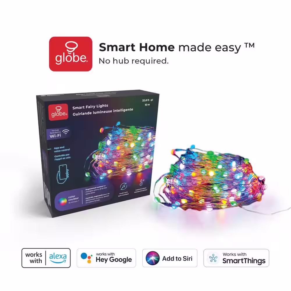 Globe Electric 32.8 ft. Plug-In Wi-Fi Smart Multi-Color RGB LED Music Sync Fairy Tape Light
