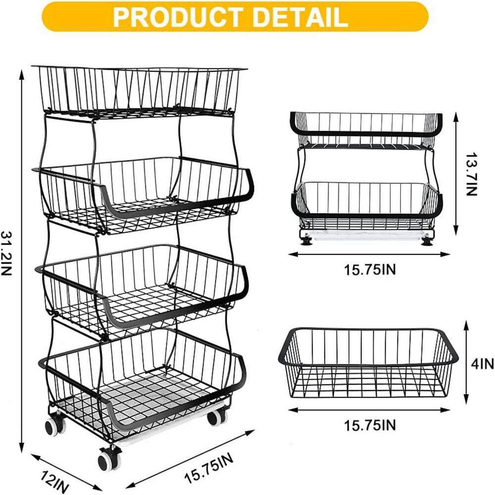 None 4-Piece Stackable Metal Wire Baskets Cart Fruit Vegetable Storage Basket Snack Organizer Bins for Kitchen