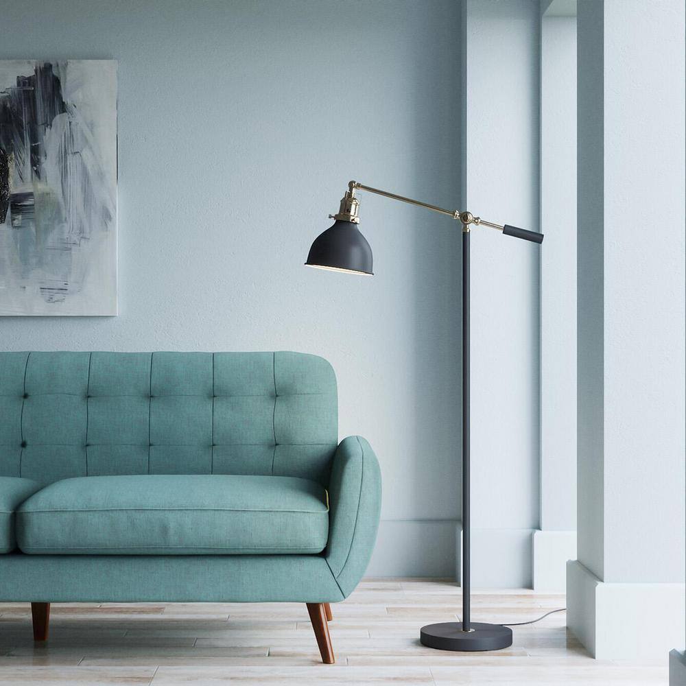 Hampton Bay Matte Black and Antique Brass 55in. Industrial Balance Floor Lamp