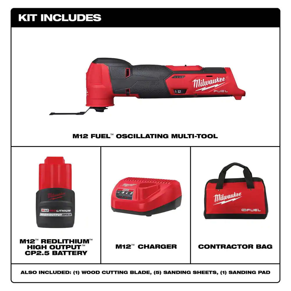 Milwaukee M12 FUEL 12V Lithium-Ion Cordless Oscillating Multi-Tool Kit w/High Output 2.5 Ah Battery, Charger, Accessories & Bag
