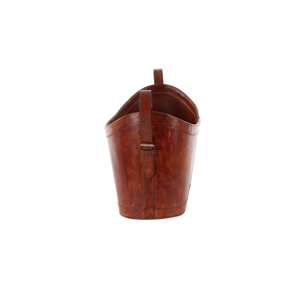 Litton Lane Brown Handmade Box Style Standing Magazine Holder with Detail Stitching and Curved Handles