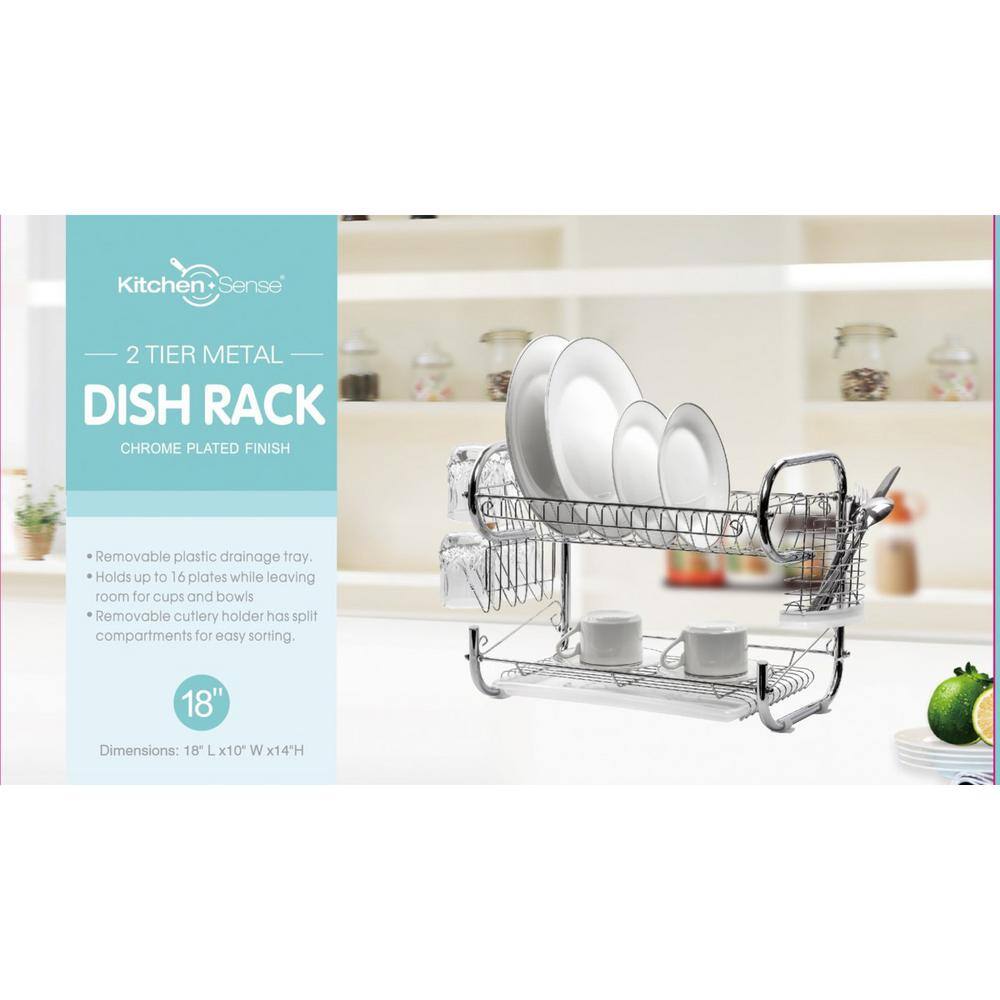 J&V TEXTILES 18 in. Chrome Stainless Steel 2-Tier Dish Rack with Utensil and Cutting Board Holder for Kitchen Counter