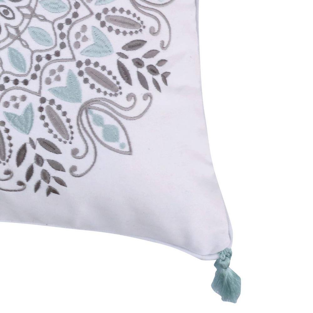 None Ditsy Spa, Grey, Teal Embroidered Medallion with Corner Tassels 18 in. x 18 in. Throw Pillow
