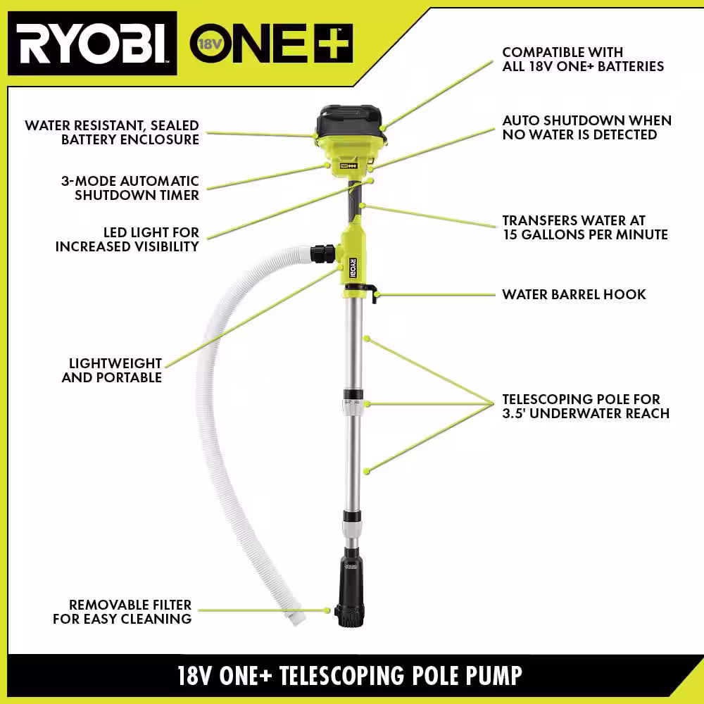 RYOBI ONE+ 18-Volt Cordless 1/6 HP Telescoping Pole Pump (Tool Only)