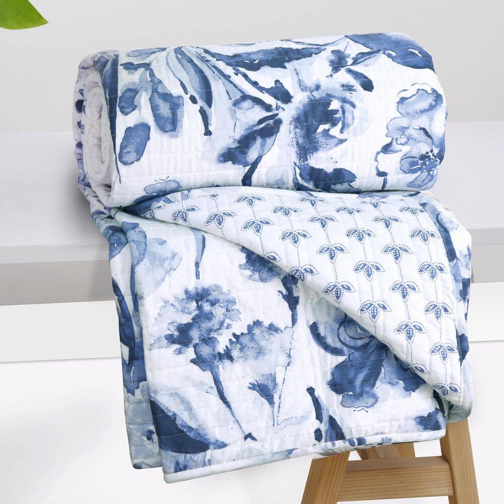 None Linnea Blue Floral Quilted Cotton Throw Blanket