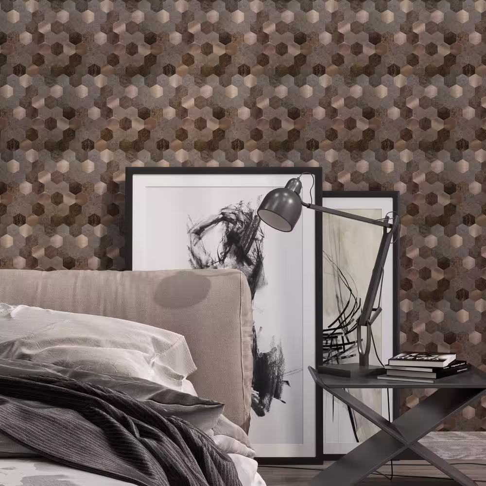 AVANT DECOR Brushed Bronze Aluminum Mix Hexagons 11.5 in. x 11.5 in. Metal Peel and Stick Tile (7.35 sq. ft./8-Pack)