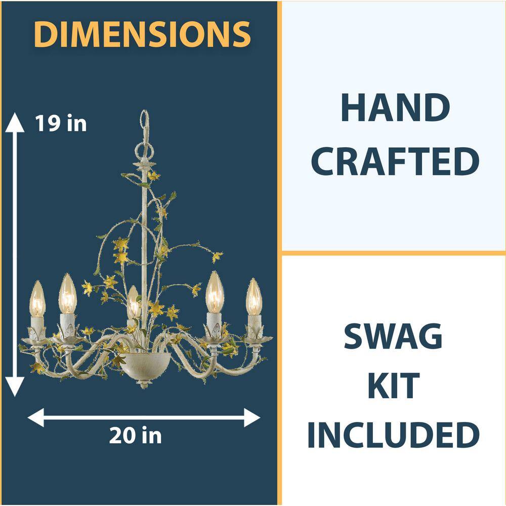 AF Lighting Star Flower 5-Light Chandelier for Hardwire or Plug-In Swag Installation, Antique Cream Finish with Yellow Flowers