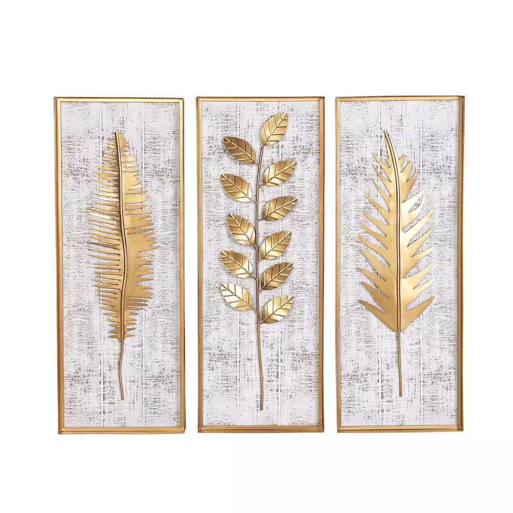 Litton Lane Metal Gold Framed 3D Leaf Wall Decor with Distressed Wood Backing (Set of 3)
