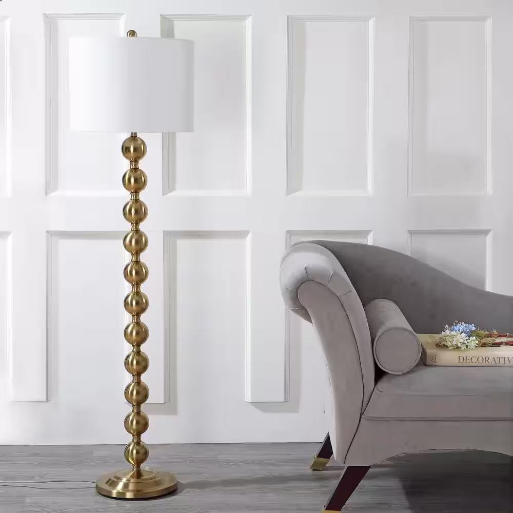 SAFAVIEH Reflections Stacked Ball 58.5 in. Brass Floor Lamp with Off-White Shade