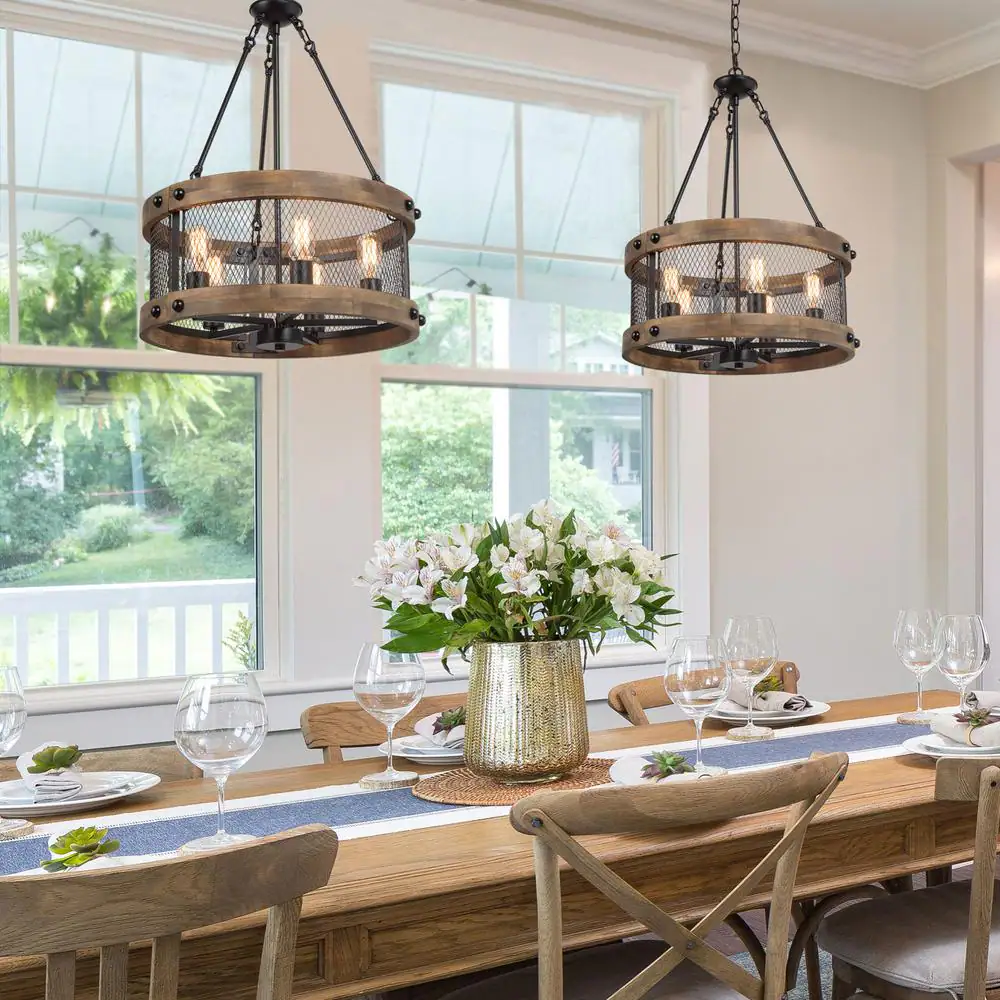 LNC Wood Drum Chandelier 5-Light Brown Candle Black Rustic Farmhouse Chandelier Pendant Dining Room Industrial Chandelier