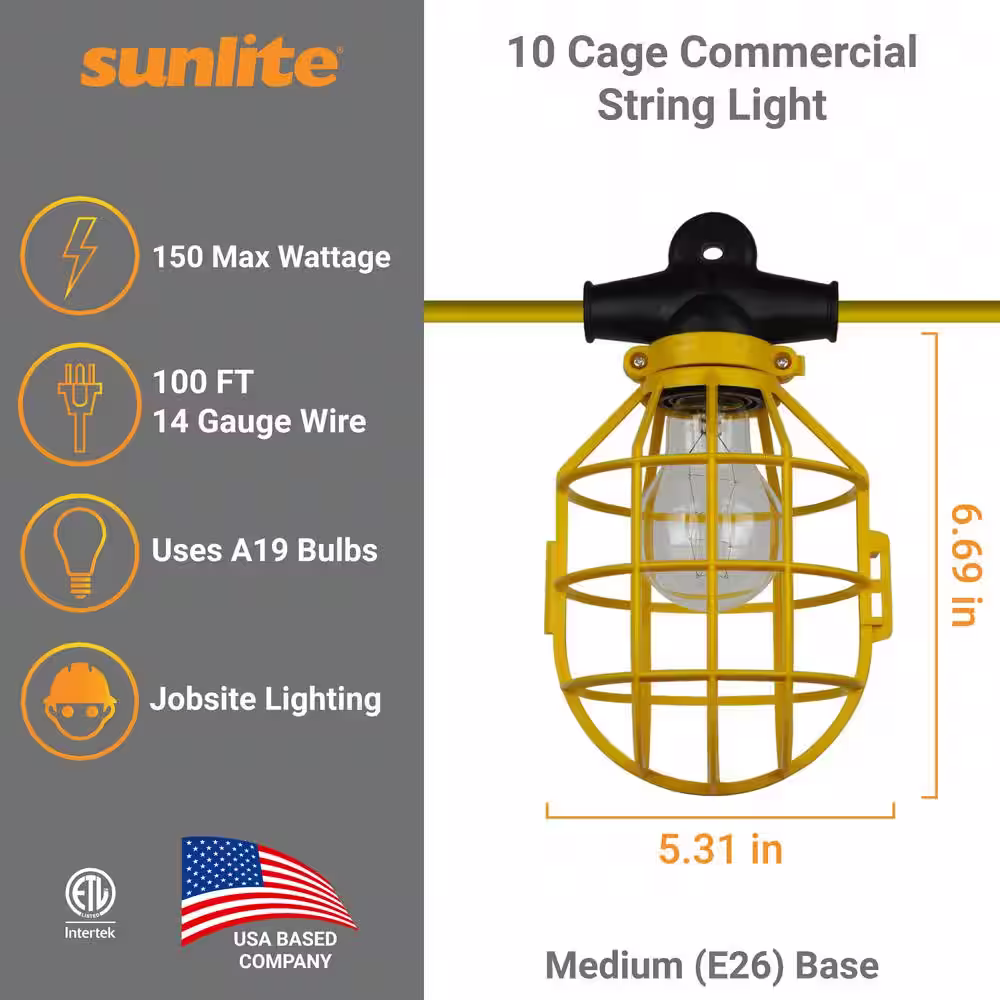 Sunlite 100 ft. 14/2/SL 10-Light Indoor Outdoor Commercial Grade Work Cage String Lights - Yellow