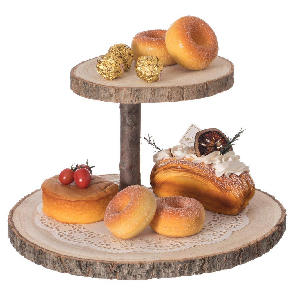 Vintiquewise Two Tier Natural Wood Color Tree Bark Server Tray with Rustic Appeal, 2-Sizes Trays