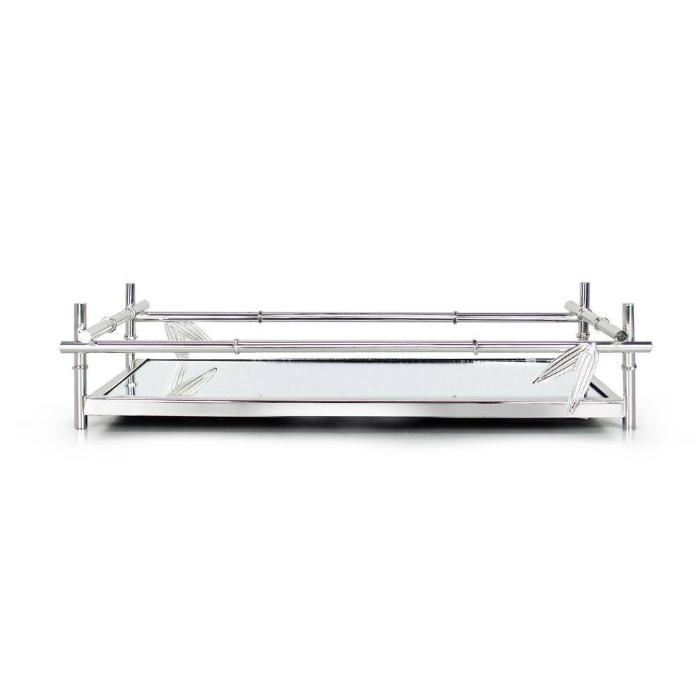 None 13.25 in. Bamboo Style Rectangle Metal Mirror Silver Decorative Tray