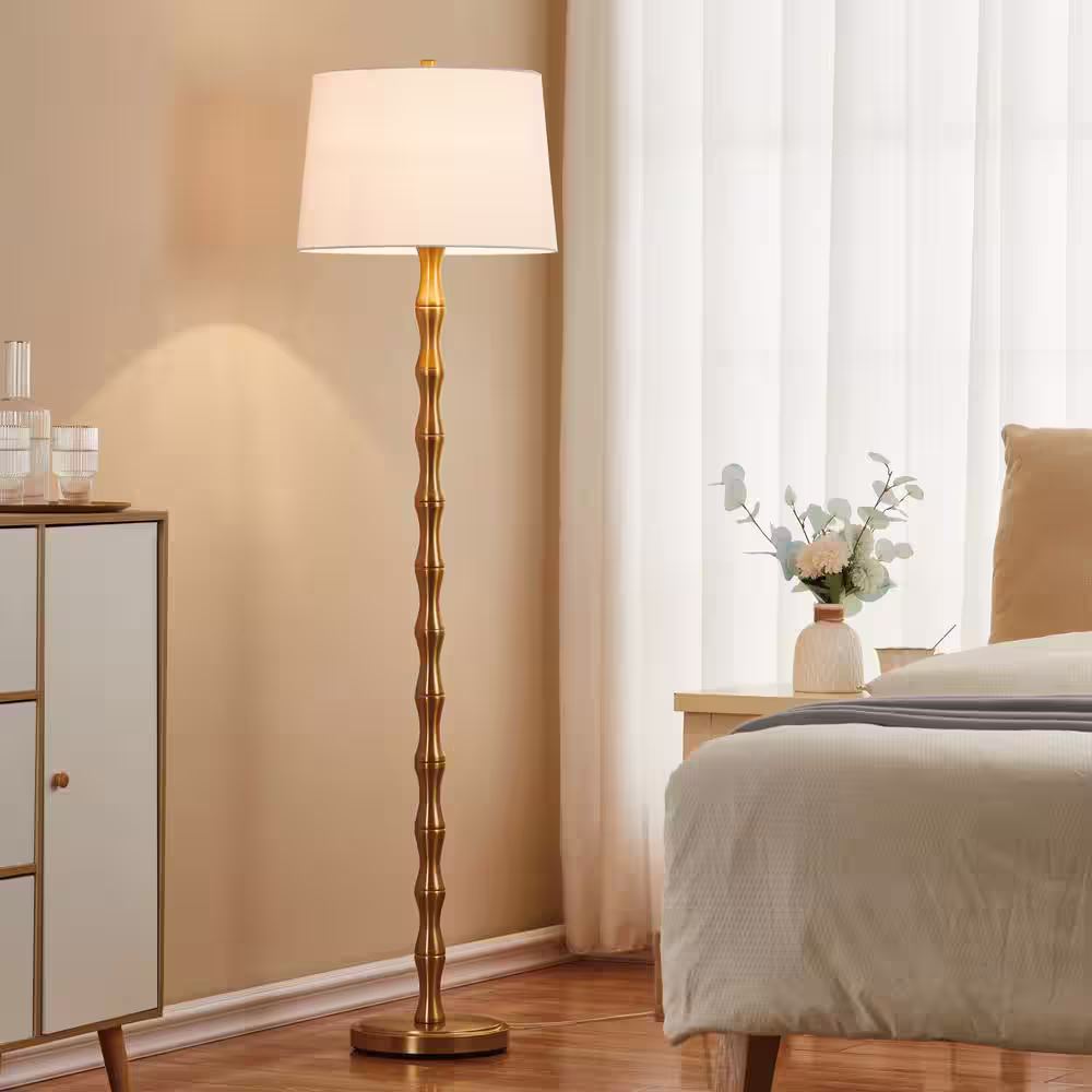 KAWOTI 61 in. Gold Floor Lamp with White Fabric Shade