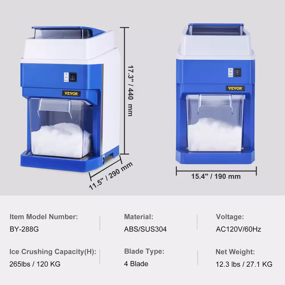 VEVOR 4240 oz. Commercial Ice Shaver Crusher 265 lbs./H Electric Snow Cone Machine 300-Watt Tabletop Shaved Ice Machine