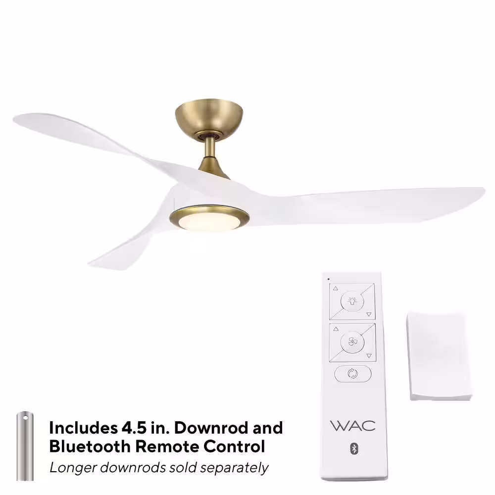 WAC Lighting Swirl 54 in. Integrated LED Indoor/Outdoor 3-Blade Smart Ceiling Fan Soft Brass/Matte White with 3000K & Remote Control