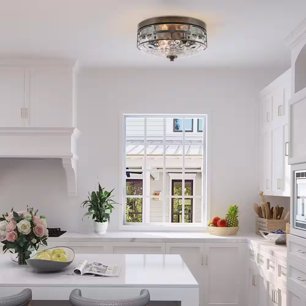 Uolfin Modern Farmhouse Drum Ceiling Light 3-Light Rustic Wood Accent Flush Mount Ceiling Light with Water-Rippled Glass Shade