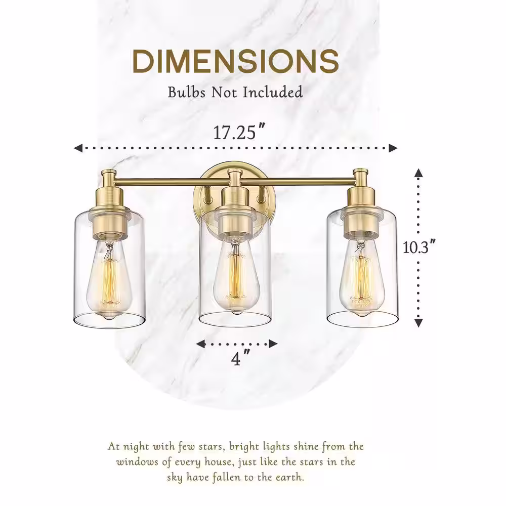 JAZAVA 17.25 in. 3-Light Champagne Bronze Vanity Light with Clear Glass Shade